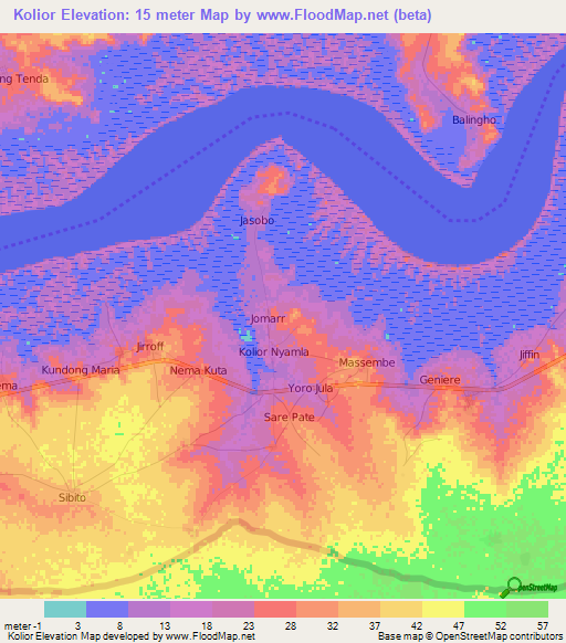 Kolior,Gambia Elevation Map