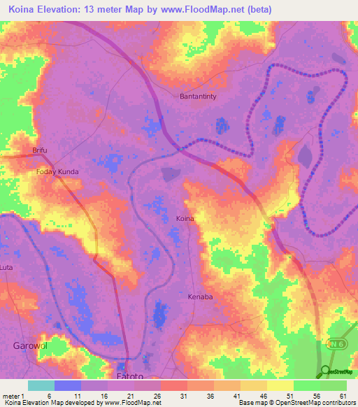 Koina,Gambia Elevation Map