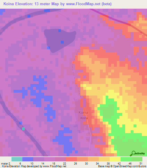 Koina,Gambia Elevation Map