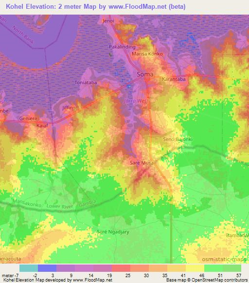 Kohel,Gambia Elevation Map
