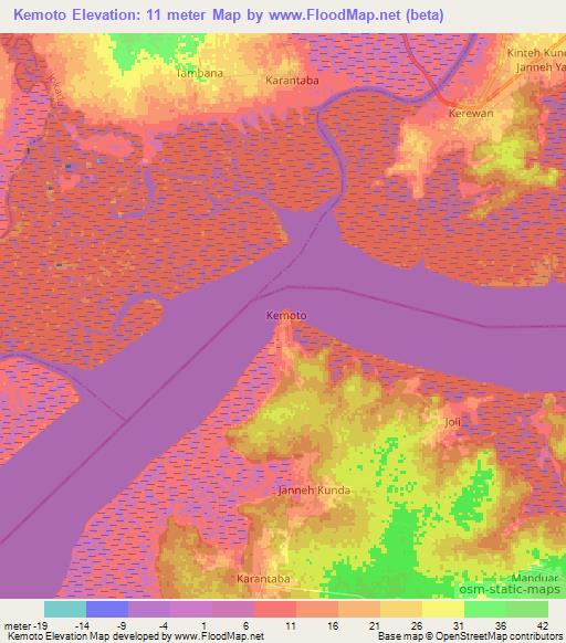 Kemoto,Gambia Elevation Map