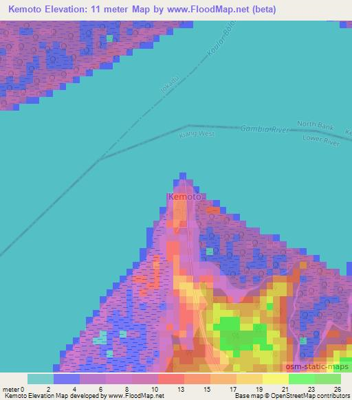 Kemoto,Gambia Elevation Map