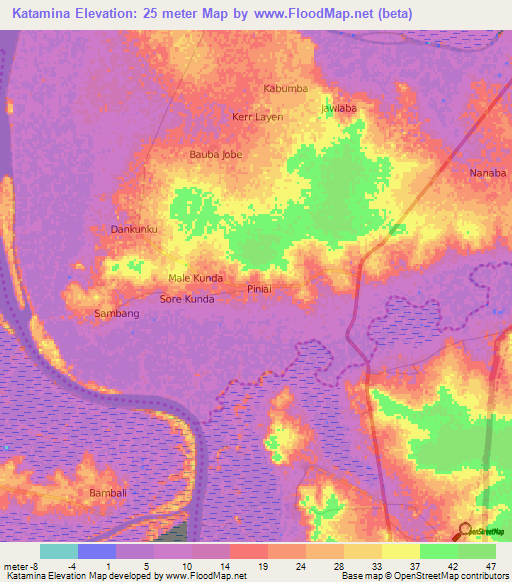 Katamina,Gambia Elevation Map