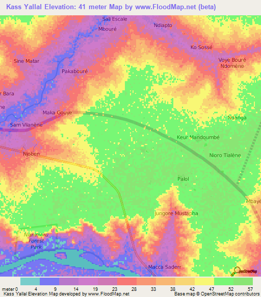 Kass Yallal,Gambia Elevation Map