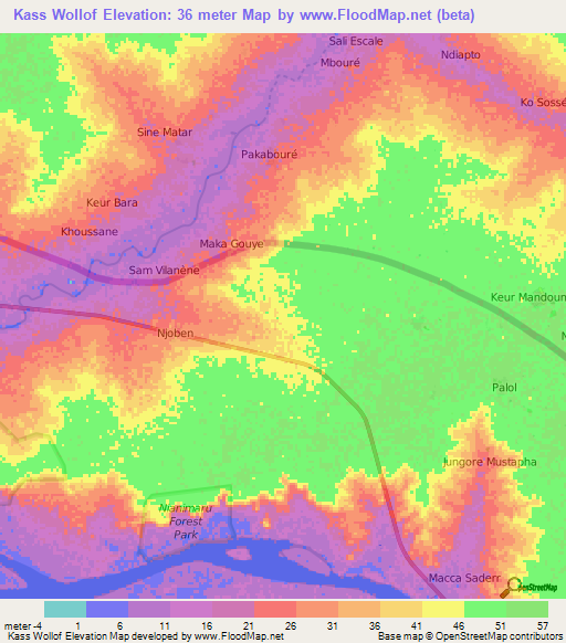 Kass Wollof,Gambia Elevation Map