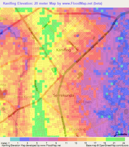 Kanifing,Gambia Elevation Map