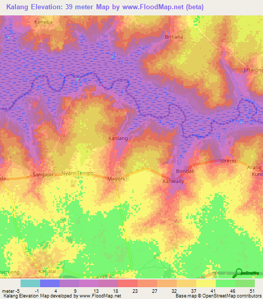 Kalang,Gambia Elevation Map
