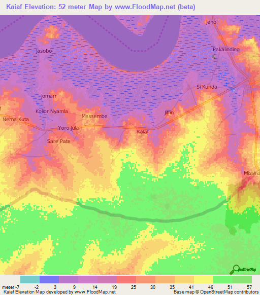 Kaiaf,Gambia Elevation Map