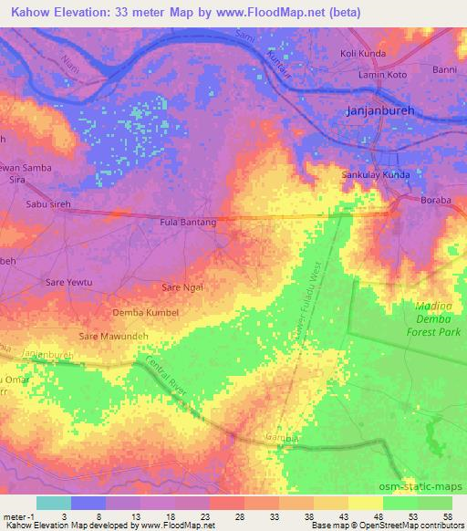 Kahow,Gambia Elevation Map