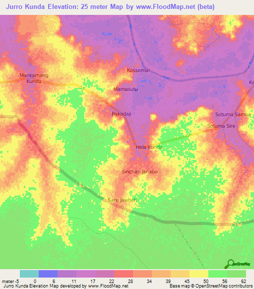 Jurro Kunda,Gambia Elevation Map