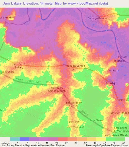 Jum Bakary,Gambia Elevation Map