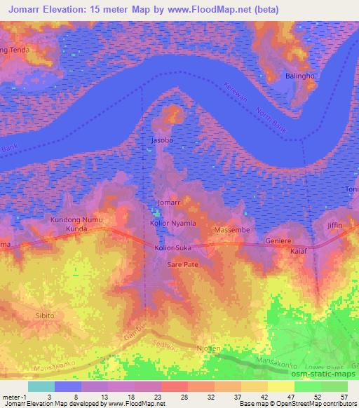Jomarr,Gambia Elevation Map
