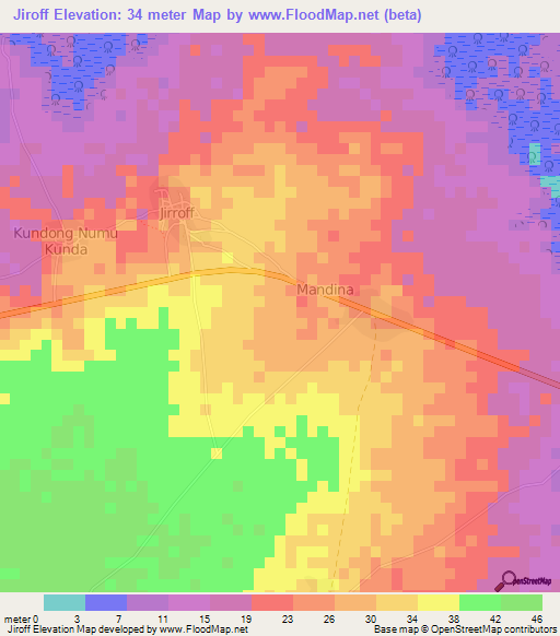 Jiroff,Gambia Elevation Map