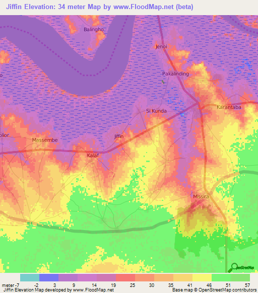 Jiffin,Gambia Elevation Map