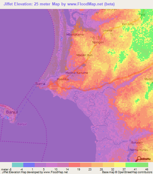 Jiffet,Gambia Elevation Map