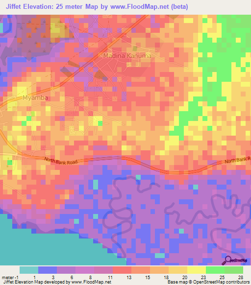 Jiffet,Gambia Elevation Map