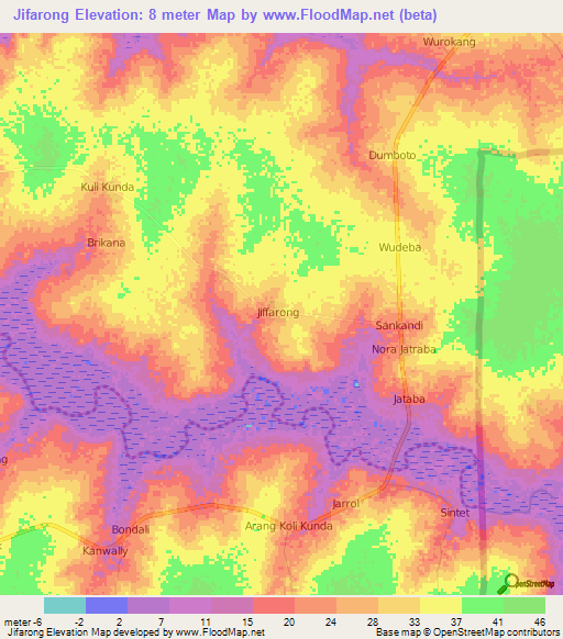 Jifarong,Gambia Elevation Map