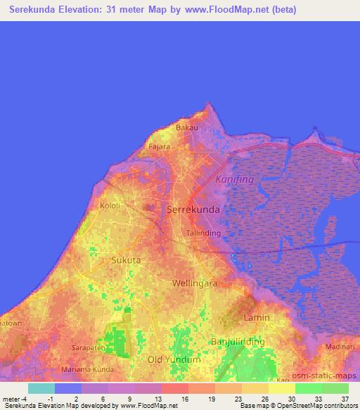 Serekunda,Gambia Elevation Map