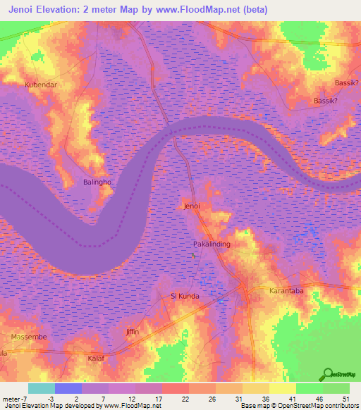Jenoi,Gambia Elevation Map