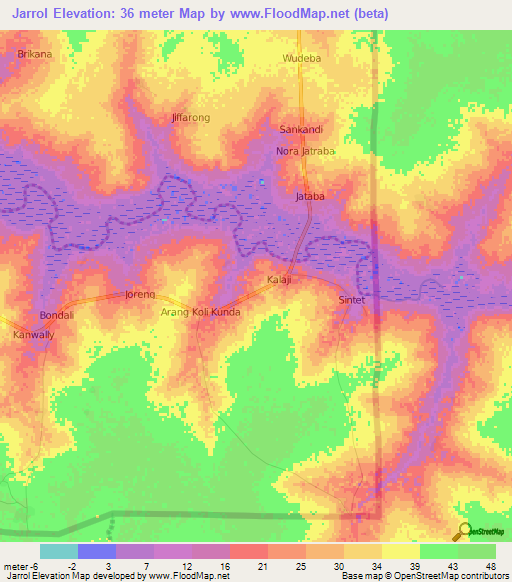 Jarrol,Gambia Elevation Map