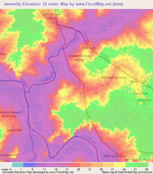 Jamwelly,Gambia Elevation Map
