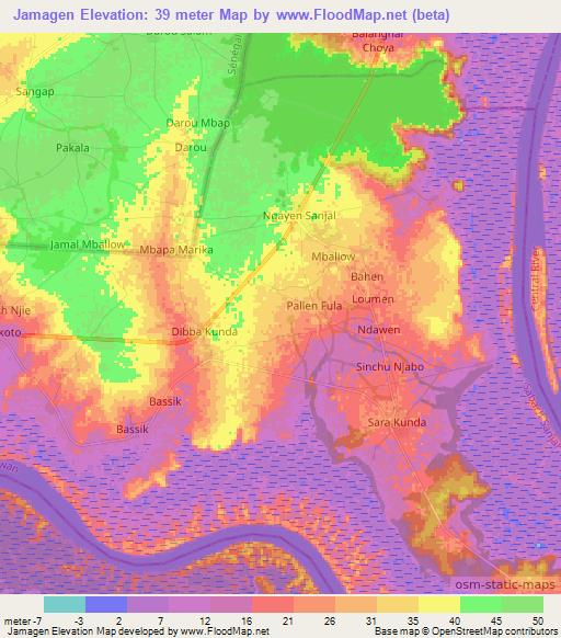 Jamagen,Gambia Elevation Map