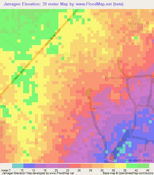 Jamagen,Gambia Elevation Map