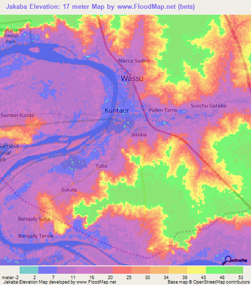Jakaba,Gambia Elevation Map