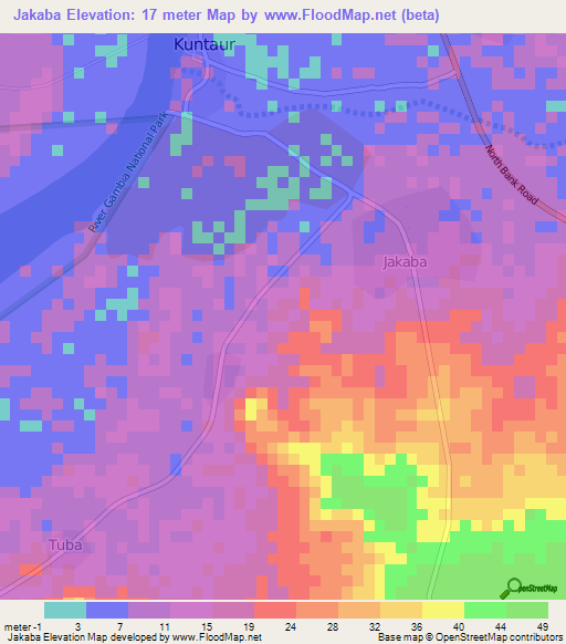 Jakaba,Gambia Elevation Map