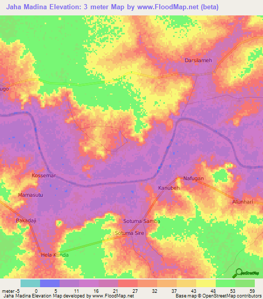 Jaha Madina,Gambia Elevation Map