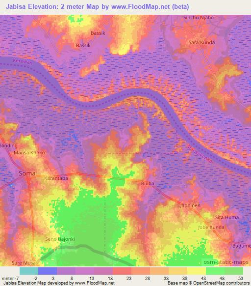 Jabisa,Gambia Elevation Map