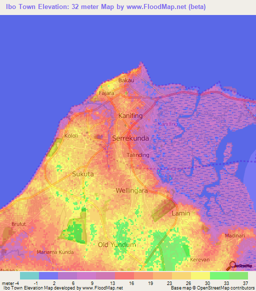 Ibo Town,Gambia Elevation Map