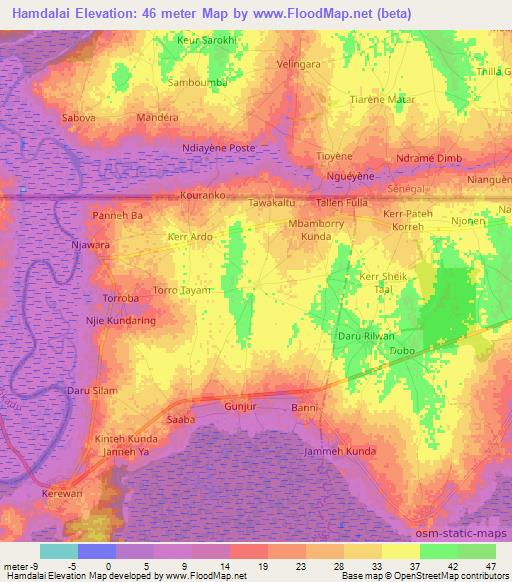 Hamdalai,Gambia Elevation Map