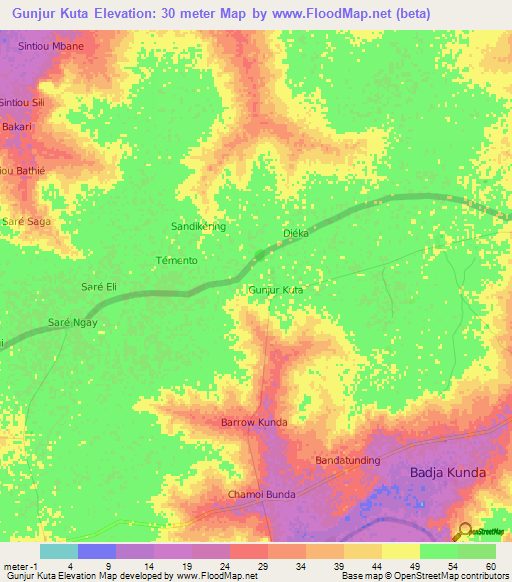 Gunjur Kuta,Gambia Elevation Map