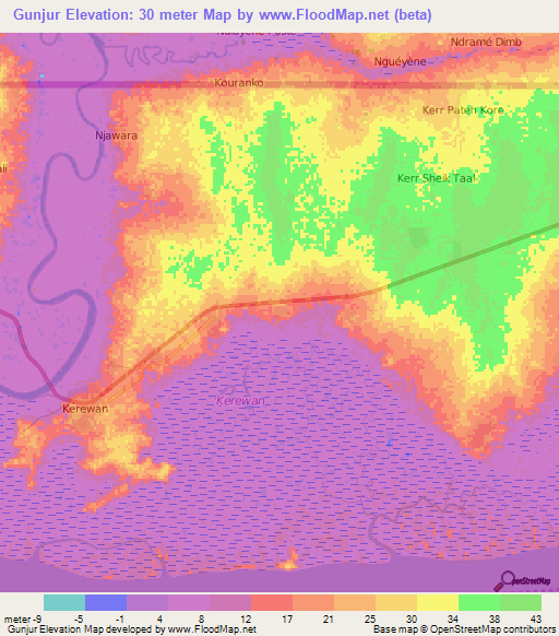 Gunjur,Gambia Elevation Map