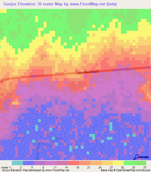 Gunjur,Gambia Elevation Map