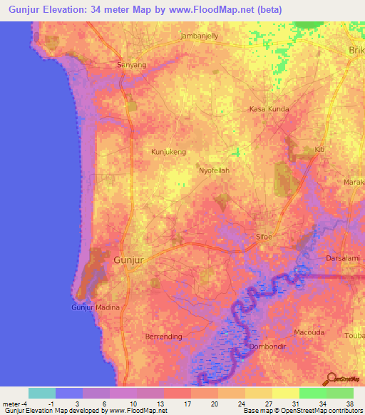 Gunjur,Gambia Elevation Map