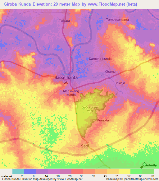Giroba Kunda,Gambia Elevation Map