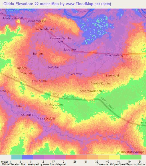 Gidda,Gambia Elevation Map