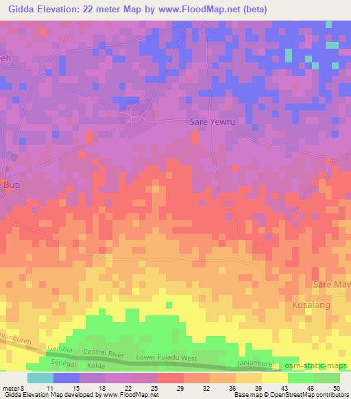 Gidda,Gambia Elevation Map