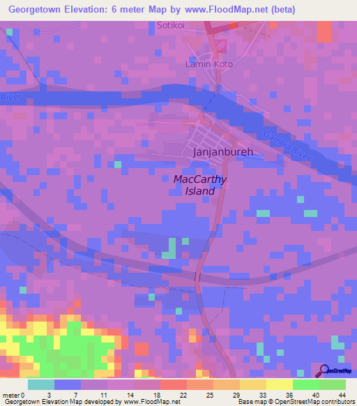 Georgetown,Gambia Elevation Map