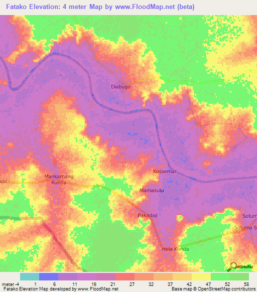Fatako,Gambia Elevation Map
