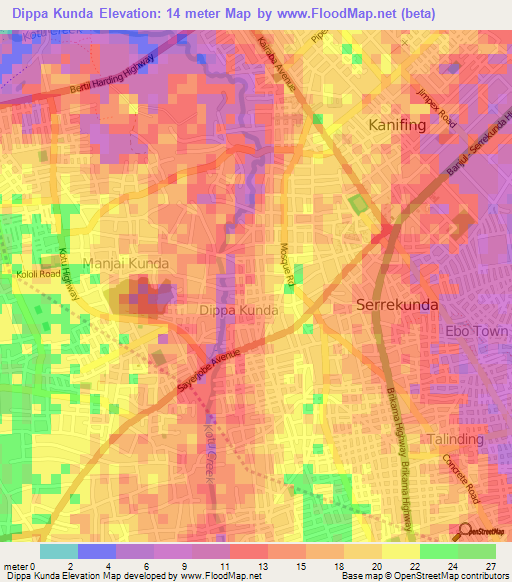 Dippa Kunda,Gambia Elevation Map