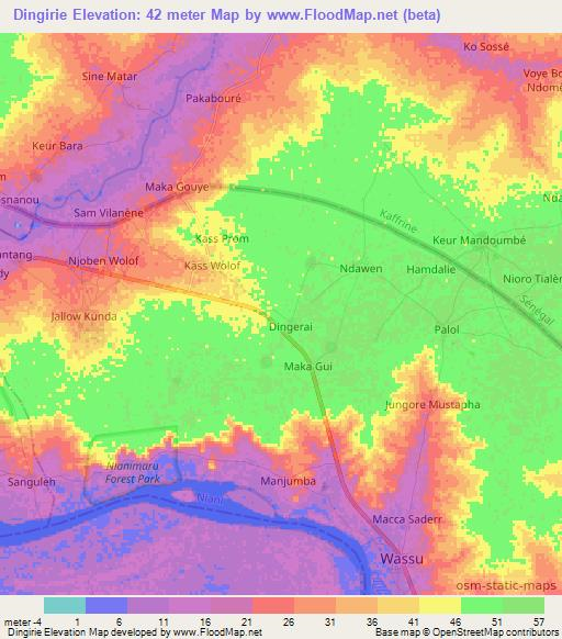 Dingirie,Gambia Elevation Map