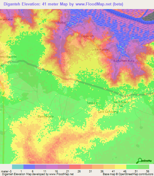 Diganteh,Gambia Elevation Map