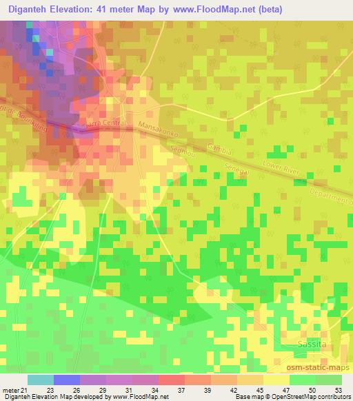 Diganteh,Gambia Elevation Map