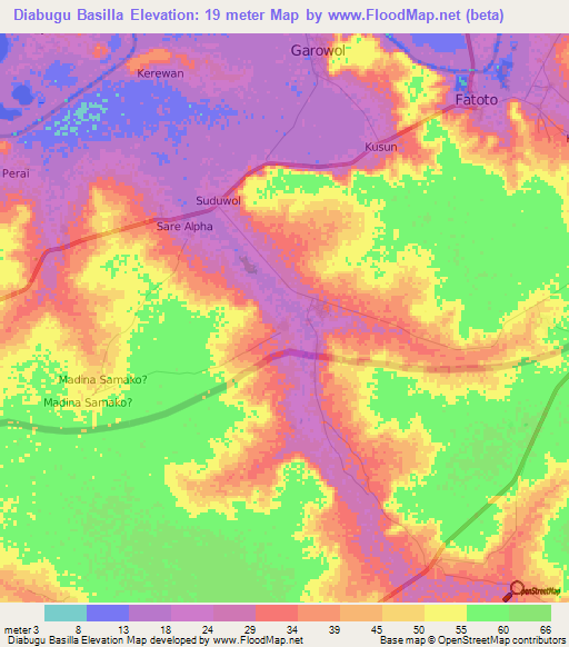 Diabugu Basilla,Gambia Elevation Map