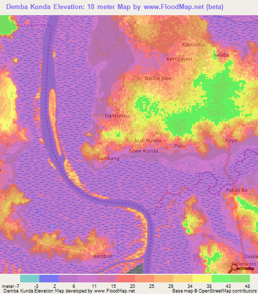 Demba Kunda,Gambia Elevation Map