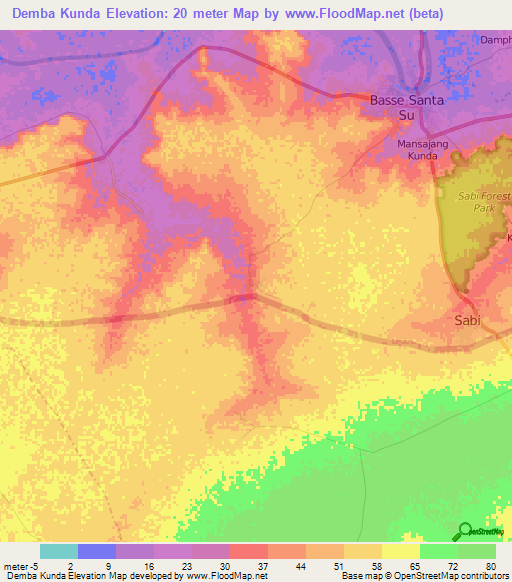 Demba Kunda,Gambia Elevation Map