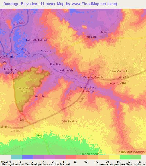 Dandugu,Gambia Elevation Map